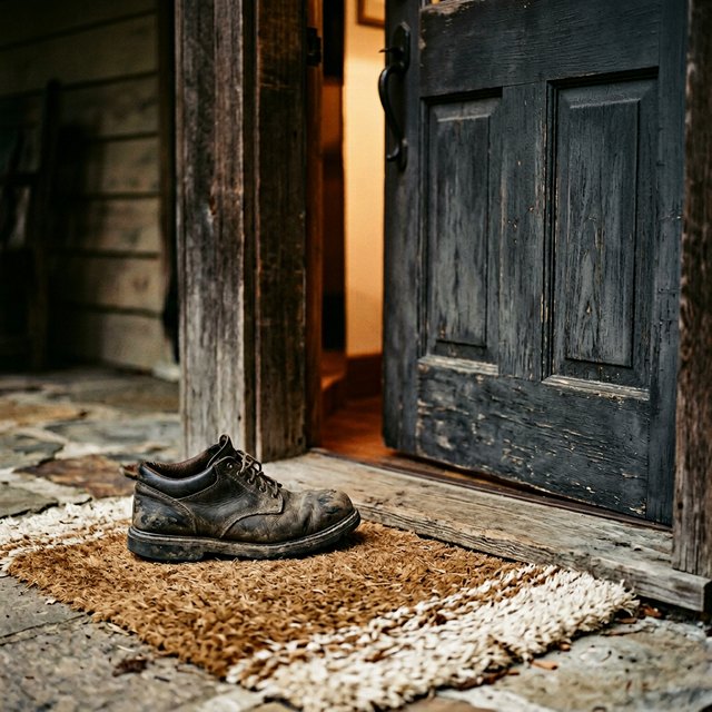 A boot on a mat at an open door
