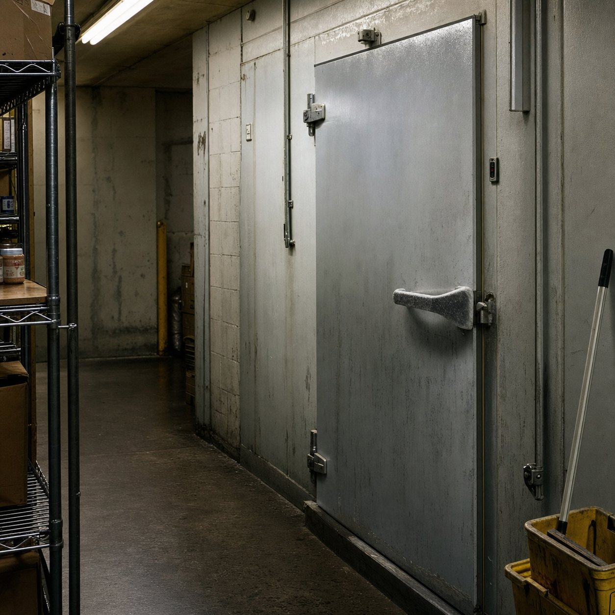 A walk-in cooler door in a back hallway, a mop bucket beside it.