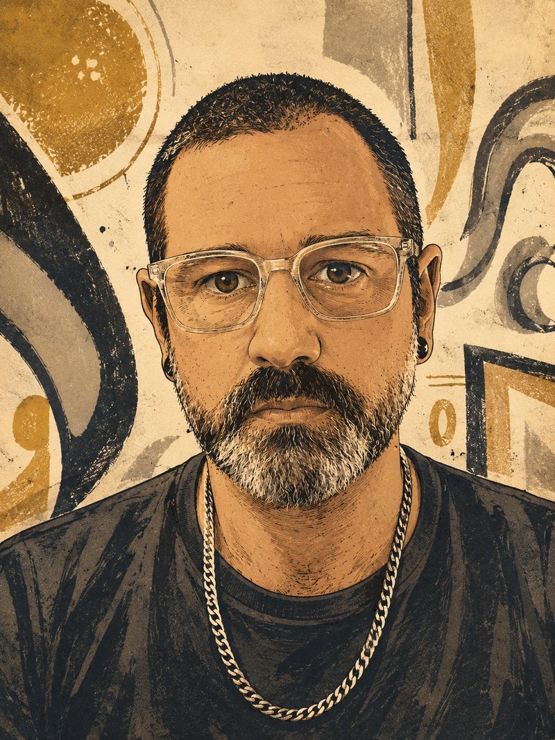 Stylized screenprint portrait of Greygray. Shaved head, clear-frame glasses, short salt-and-pepper beard, heavy chain necklace, dark shirt, against loose abstract shapes in parchment, brass-gold and charcoal.